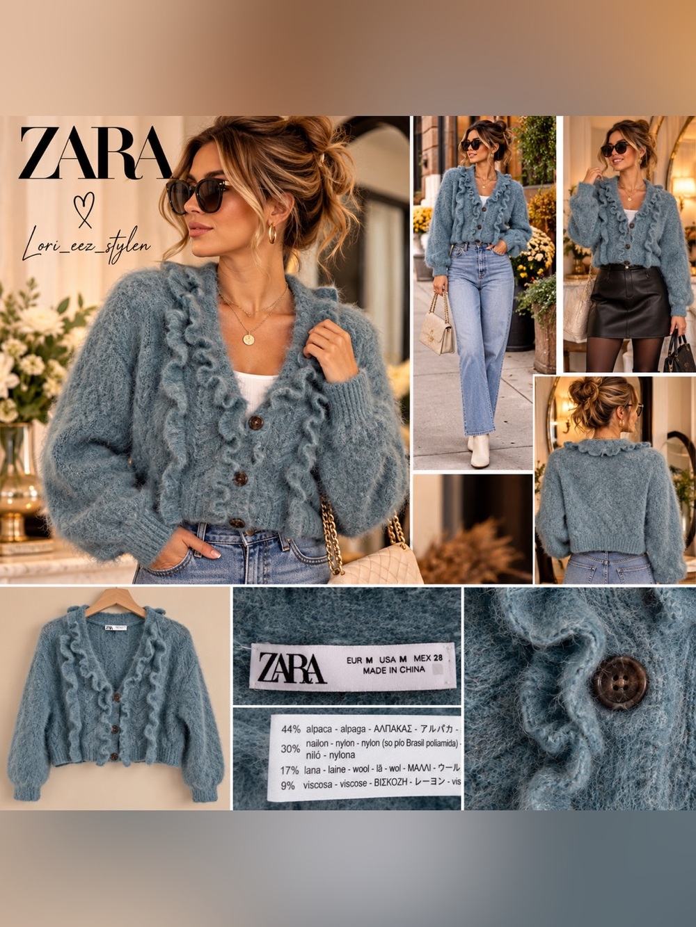 Zara Dusty Blue Ruffle Alpaca-Blend Cardigan
